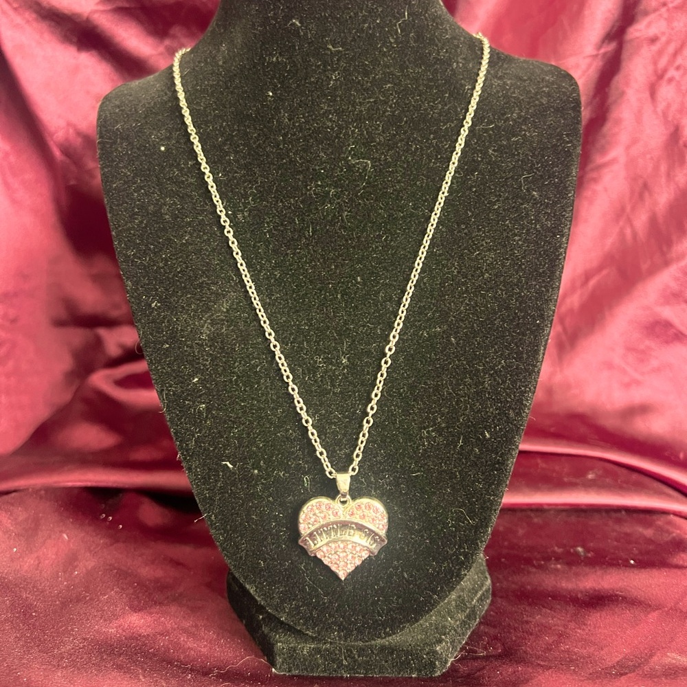 Little sister heart pendant pink rhinestones with chain